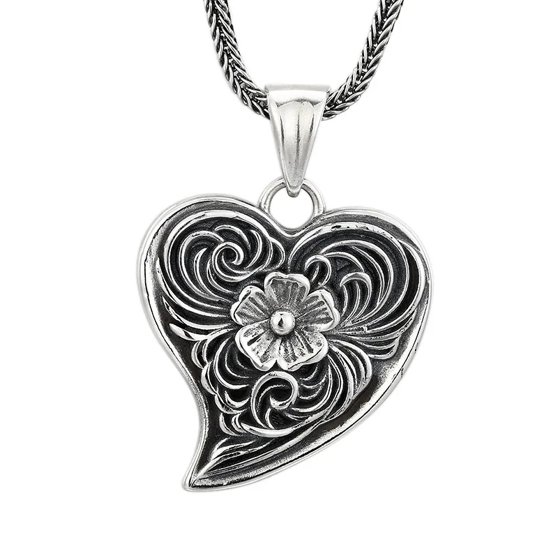 

925 Silver Rose Heart Pendant Necklace, Vintage Floral Gothic Thai Silver Antique Finish Jewelry