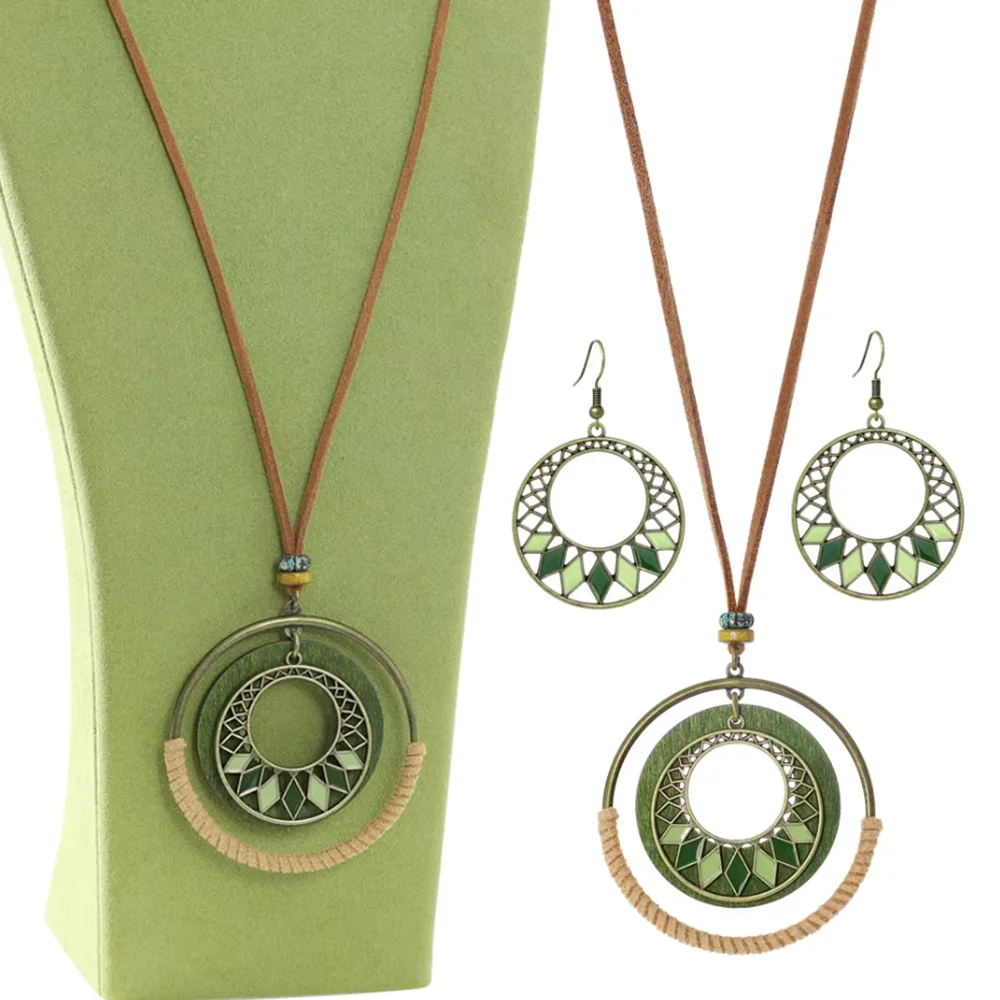 Fashion Vintage Jewelry Set For Women Party Gift Bohemian Women Hand-woven Green Hollow-out Geometric Earrings and Necklace