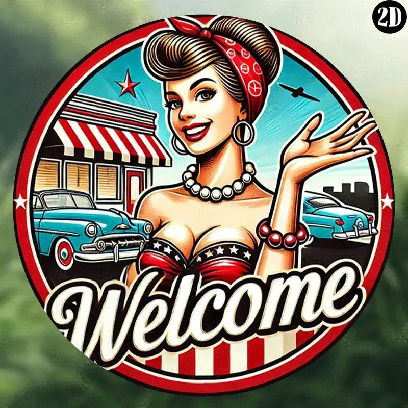 2D Flat, 1pc Vintage Retro 8 Inch Aluminum Welcome Sign - Red Lady Wall Art with Stars & Stripes Design, Durable Metal Hanging D