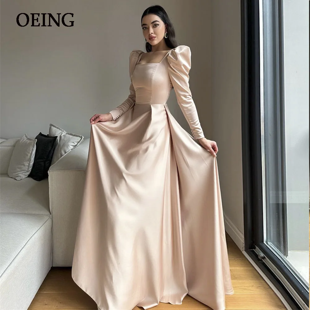 

OEING Stain Puff Long Sleeves Evening Dress Simple Pleated Prom Gown Floor Length Women Abendkleider For Formal Occasion