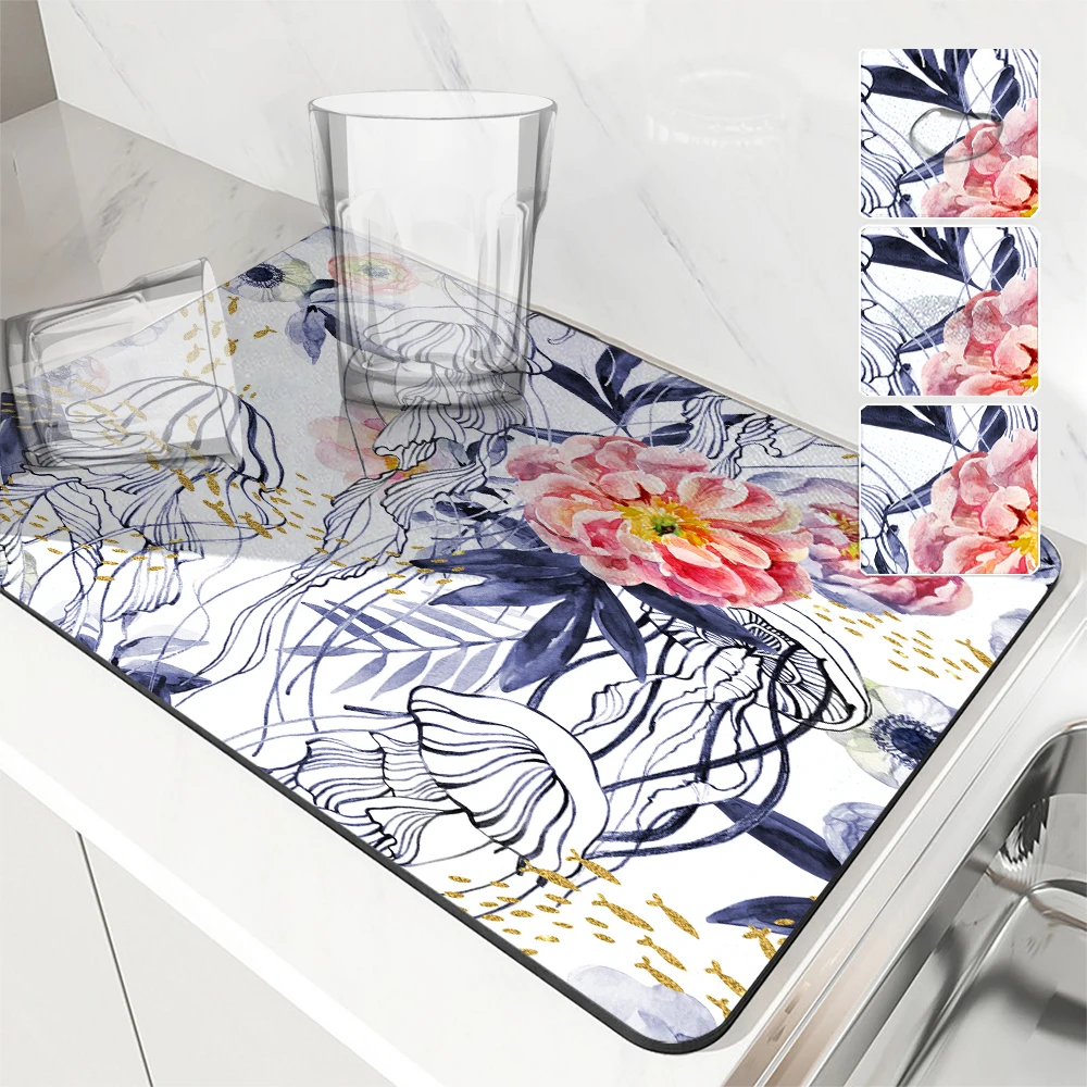 Escurridor de vajilla de café con plantas tropicales para baño, alfombrilla seca antideslizante, escurridor de platos, taza a prueba de salpicaduras