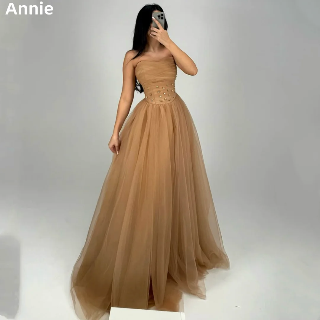 

Annie Блестящие бусы Пром платья Шампанское Фея Вечерние платья Сексуальные трапециевидные платья с открытыми плечами Vestidos De Fiesta по индивидуальному заказу