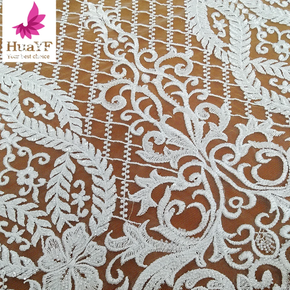 New Nigerian Luxury Pure White Embroidered Beads Bridal Wedding Dress Fabric 5 Yards HY1442