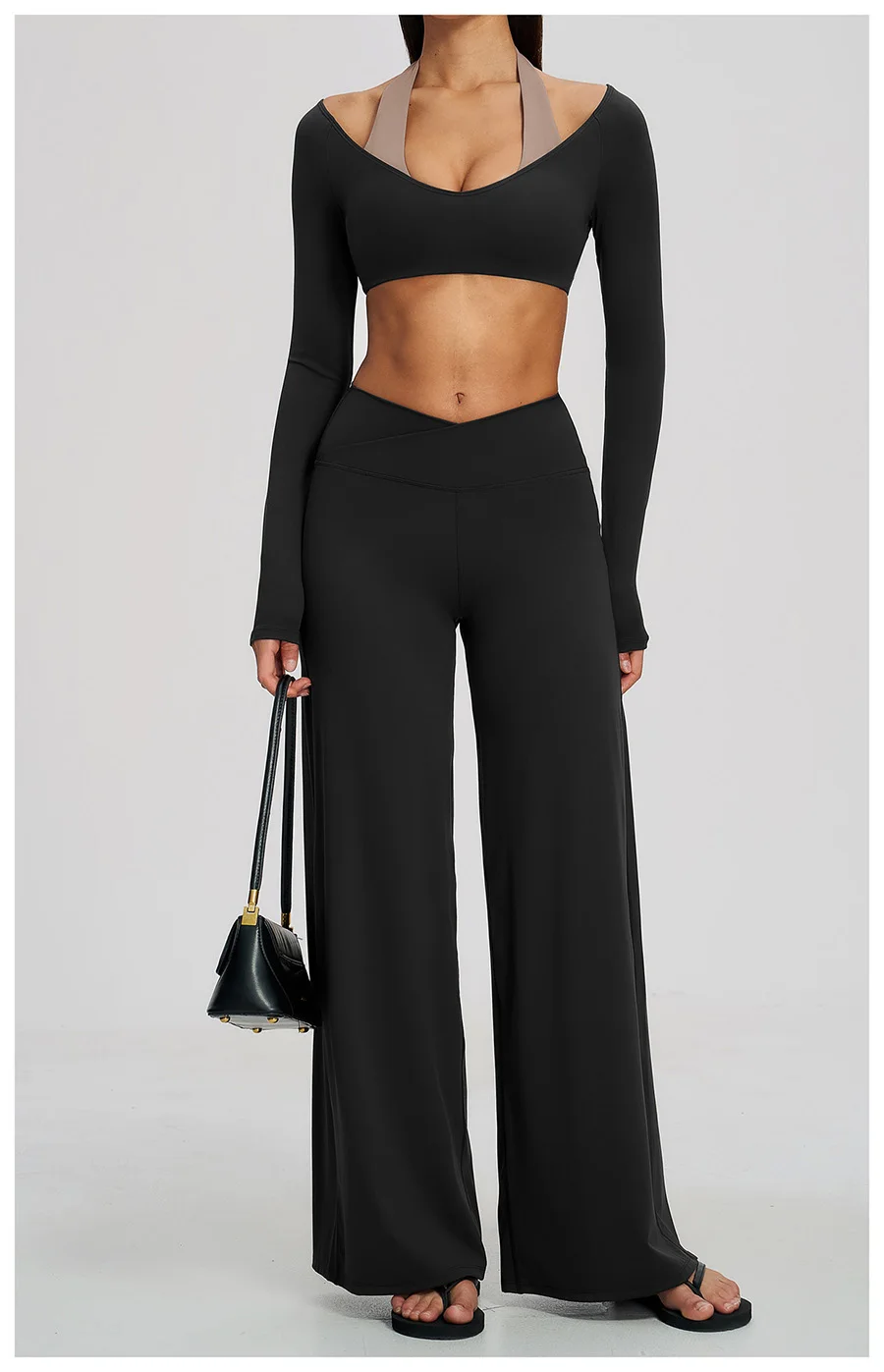 Yoga-Set 2-teilig, Fitnessbekleidung, Trainingsanzug, Lauf-Sportbekleidung, Outfit, hochtailliert, weites Bein, langärmeliges Crop-Top – Detail 25