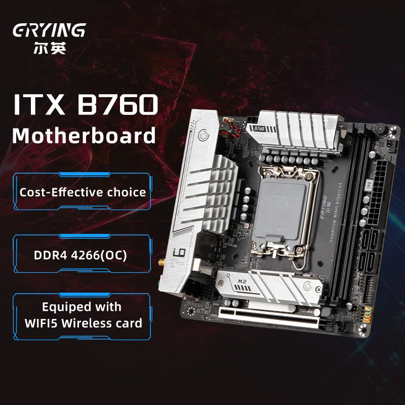 ERYING ITX B760i Gaming Motherboard WIFI 5 Card LGA 1700 Support Core 12/13th i9/i7/i5/i3/Pentium Dual Channel DDR4 Memory Black