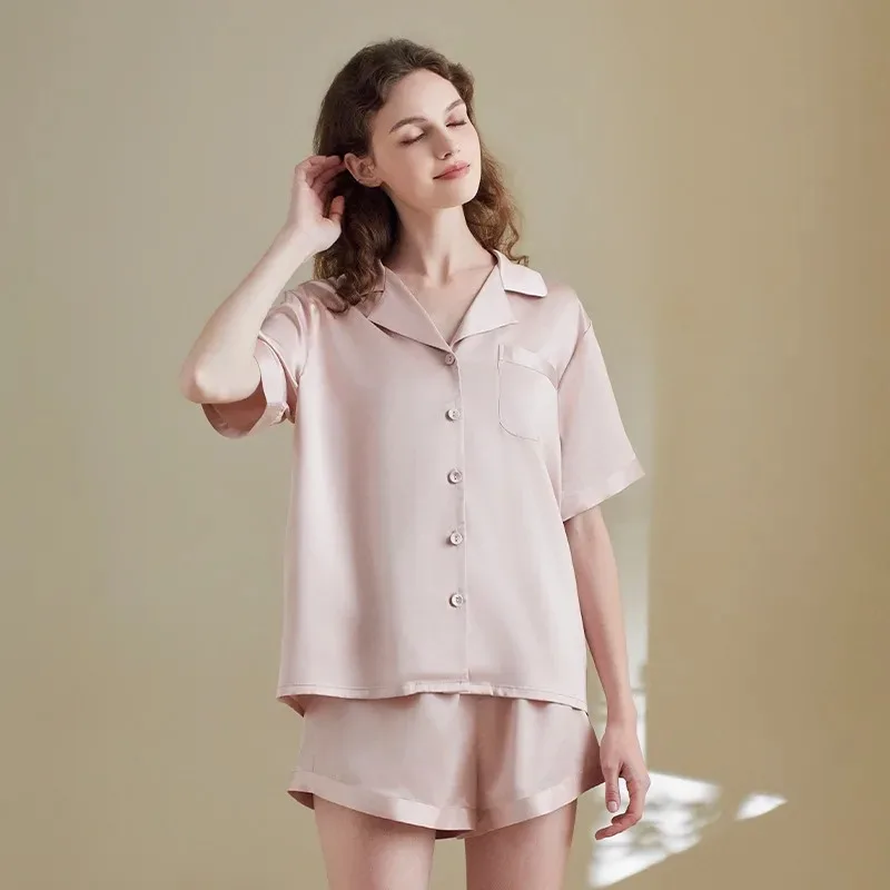 100% Pure Mulberry Silk Pajamas Set for Women Sand Washed Mulberry Silk Short Sleeve Print Pajamas New Summer Fashion ODM Supply