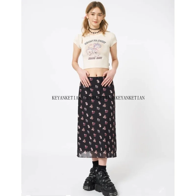 KEYANKETIAN 2025 Spring New Y2K Vintage Animal Fruit Print Mesh Skirt Bow Lace Elastic Waist Women Slim Tulle A Line MIDI Skirt