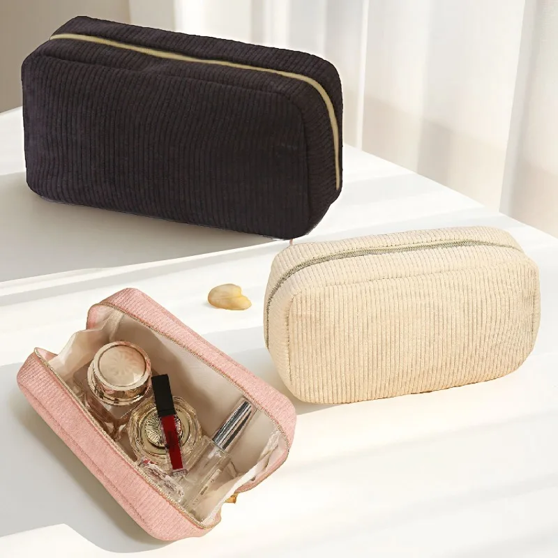 

2026 New Women Cosmetic Bag Corduroy Solid Color Makeup Pouch Travel Portable Wash Toiletry Storage Bag Organizer Purse
