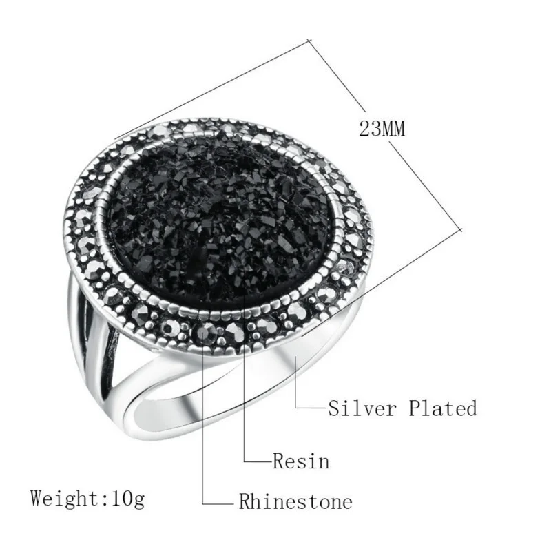 Women Vintage Bohemia Black Rubble Finger Ring Crystal Gem-stone Resin Wedding Ring for Girl Fashion Jewelry