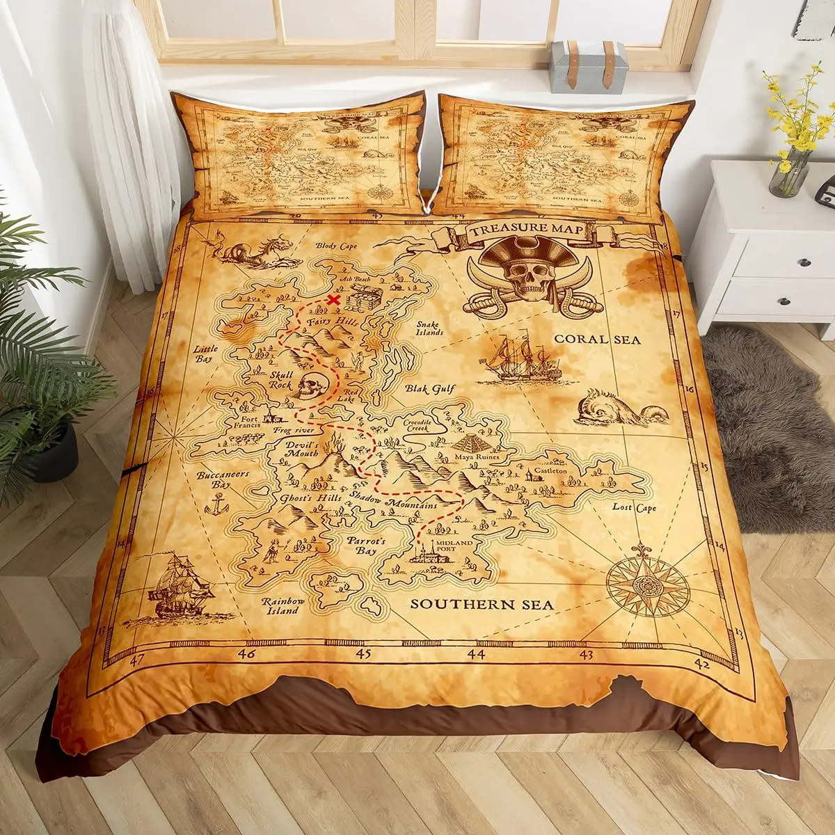 Nautical Map Duvet Cover Queen Pirate Boat Compass Bedding Set 3Pcs,Ocean Adventure Comforter Cover Vintage Brown Quilt Cover