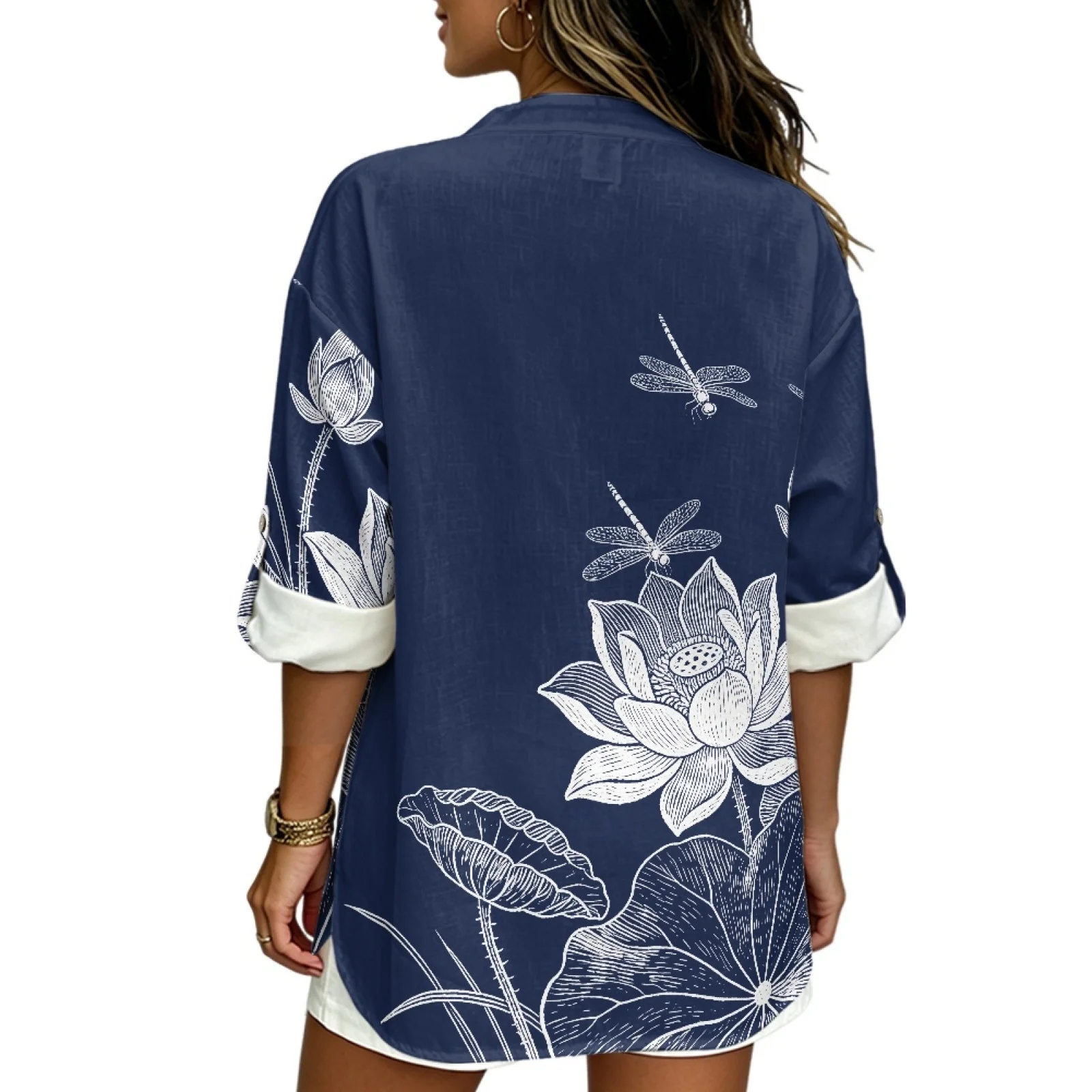PENSTROLL Lotus Dragonfly Linen Like V Neck Blouse Beach Shirts for Women Rolled Sleeve Workout Tops