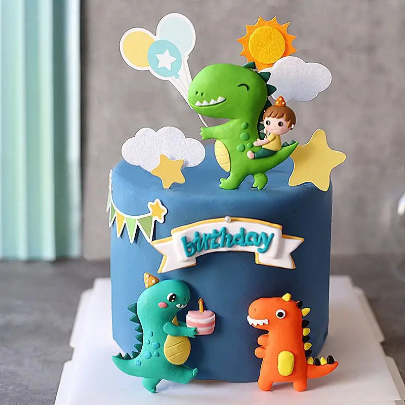 Roar Dinosaur Cake Topper Birthday Cake Decoration Child Party Gift 1st Birthday Party Decor Green Leaf Jungle Cake Decorating