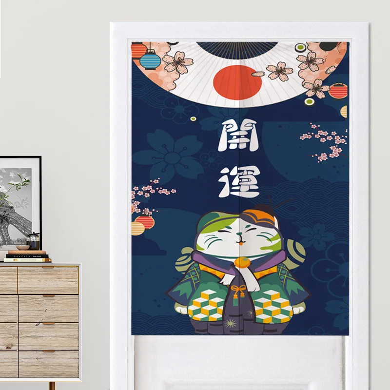 Japanese Style Maneki Neko Noren Door Curtain Lucky Fortune Cat Fabric Partition Curtain for Kitchen Bedroom Bathroom Home Decor