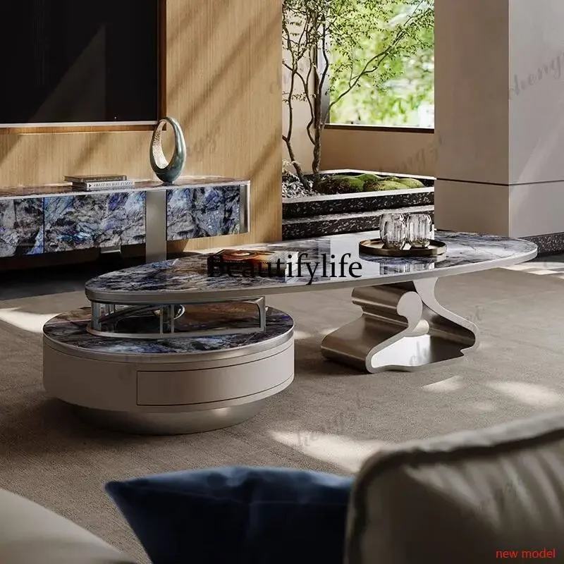 A178Ovale europäische Wohnzimmer-Couchtische, blaue Designer-Couchtische mit Stauraum, moderne nordische Luxus-Mesa DeDD182