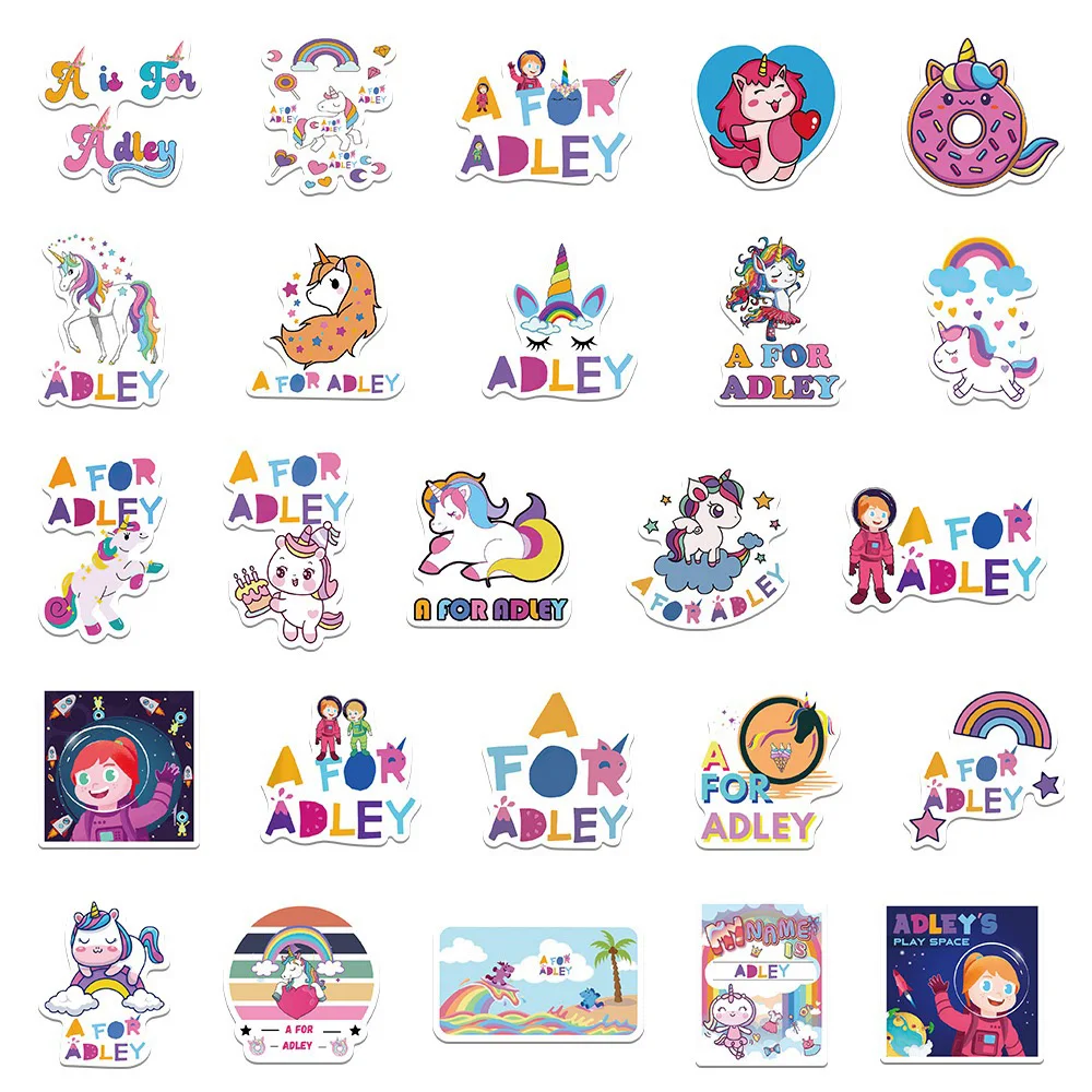 Pegatinas de dibujos animados para niños, calcomanías de unicornio A para Adley, para teléfono, portátil, equipaje, monopatín, grafiti, regalo divertido, 10/30/50 piezas