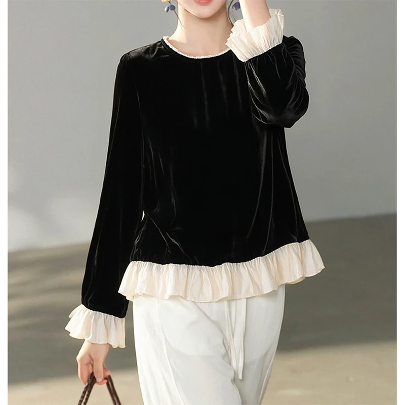Blusa de seda con forro de seda de morera 100 %, de color negro, con detalles de terciopelo, para mujer, con volantes en el dobladillo, manga larga, tipo camisa o blusa, ideal para primavera y otoño, modelo M1810.