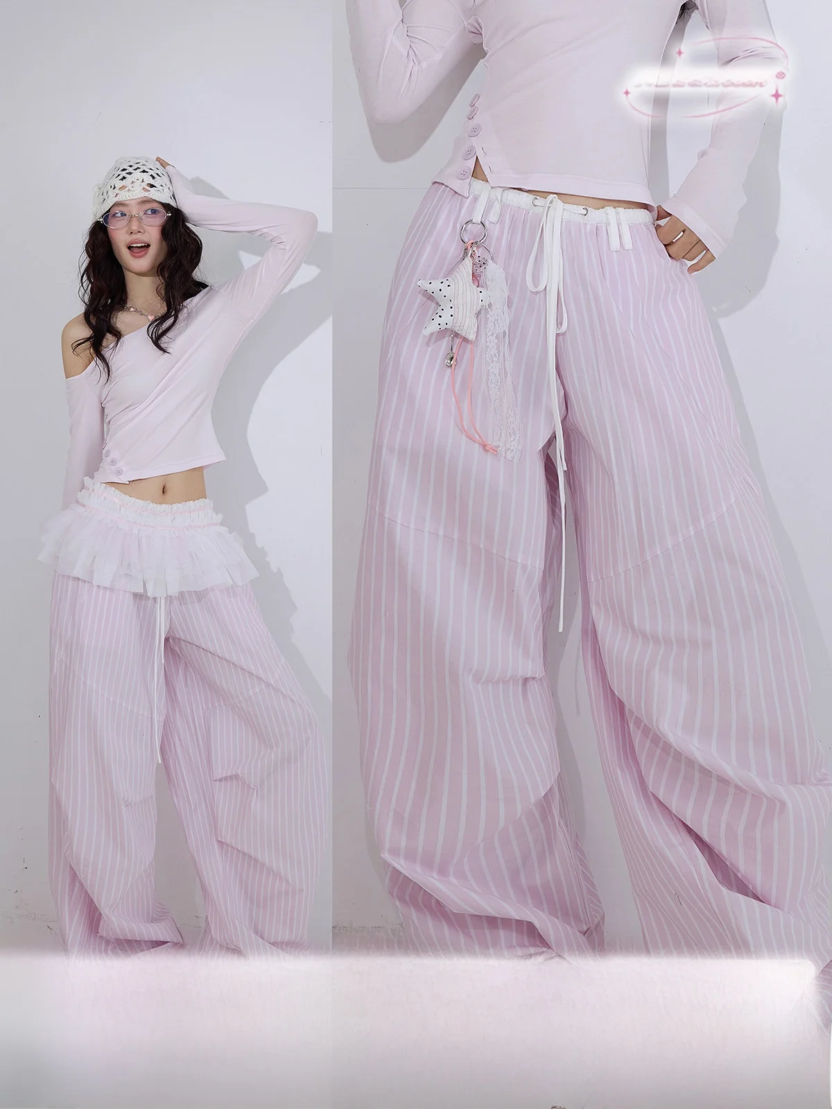 

Оригинальные полосатые широкие брюки Goo для женщин, с лоскутным дизайном, для танцев, длинные, повседневные, с высокой талией, из других материалов, быстросохнущие