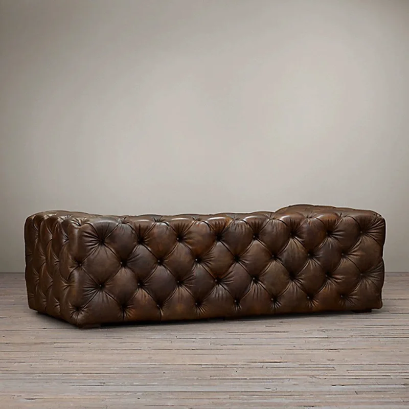 *American Style Vintage Industrial Loft Oil Wax Leather Sofa Full Cowhide Small Pull Buttons for Three-Seater Living Room Small
