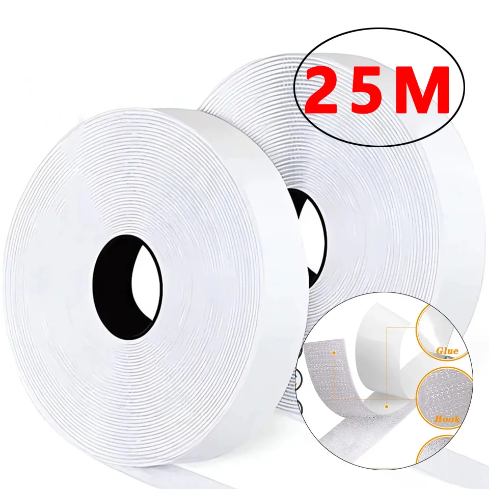 1-25 Meter Weißes Selbstklebendes Klettband Doppelseitiges Magisches Klebeband mit Starkem Klebstoff für Heimwerkerbedarf