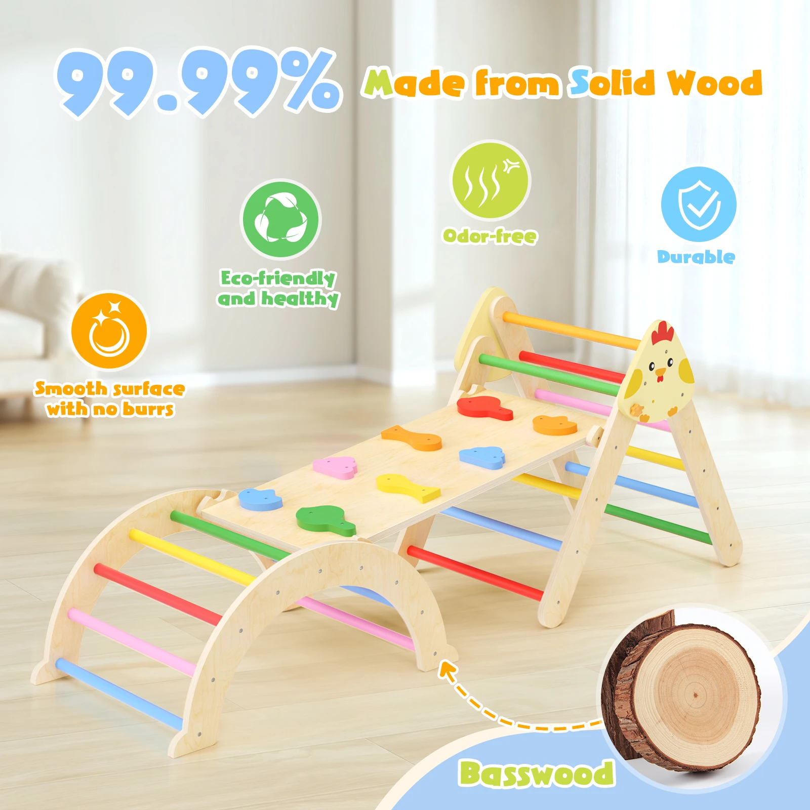 إطار تسلق للأطفال الصغار 7 في 1، ملعب داخلي، صالة الألعاب الرياضية، شريحة خشبية لتدريب الأطفال