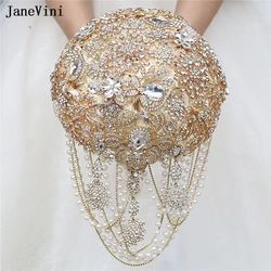 JaneVini Luxury Full Diamond Bridal Bouquets with Gold Jewelry Ivory Satin Roses Pearls Tassels Bride Flower Bouquet for Wedding