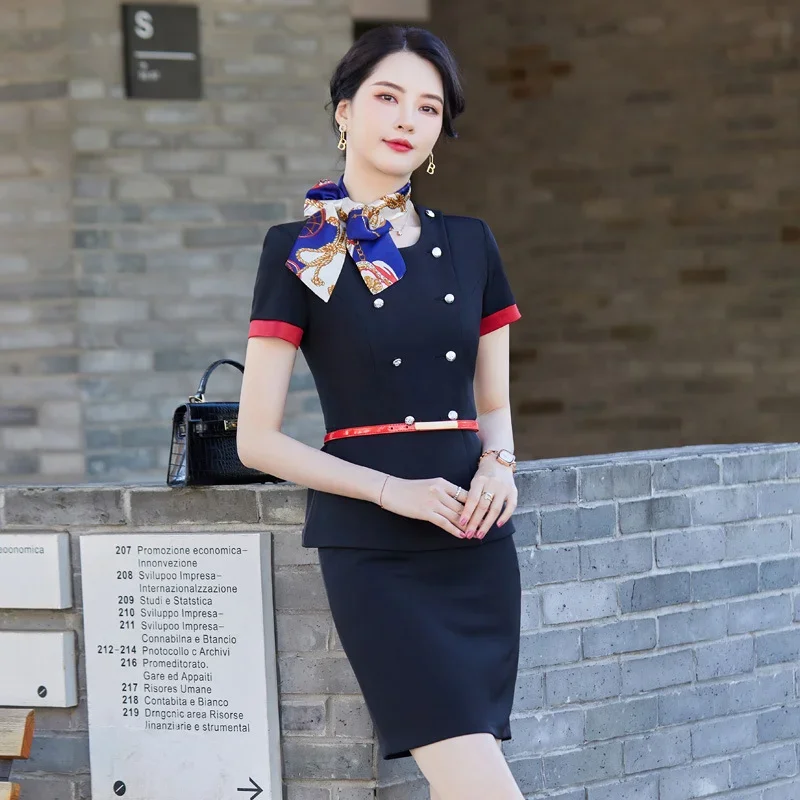 

Women's Summer Short-sleeved Suit Flight Stewardess Uniform Jewelry Store Beauty Salon Slim Overalls Skirt - Free Scarf & Belt