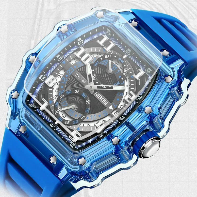 Unique Design Transparent Tonneau Quartz Watch Men Sport Out Door Chronograph Wristwatches Waterproof Silicone Band Montre Homme