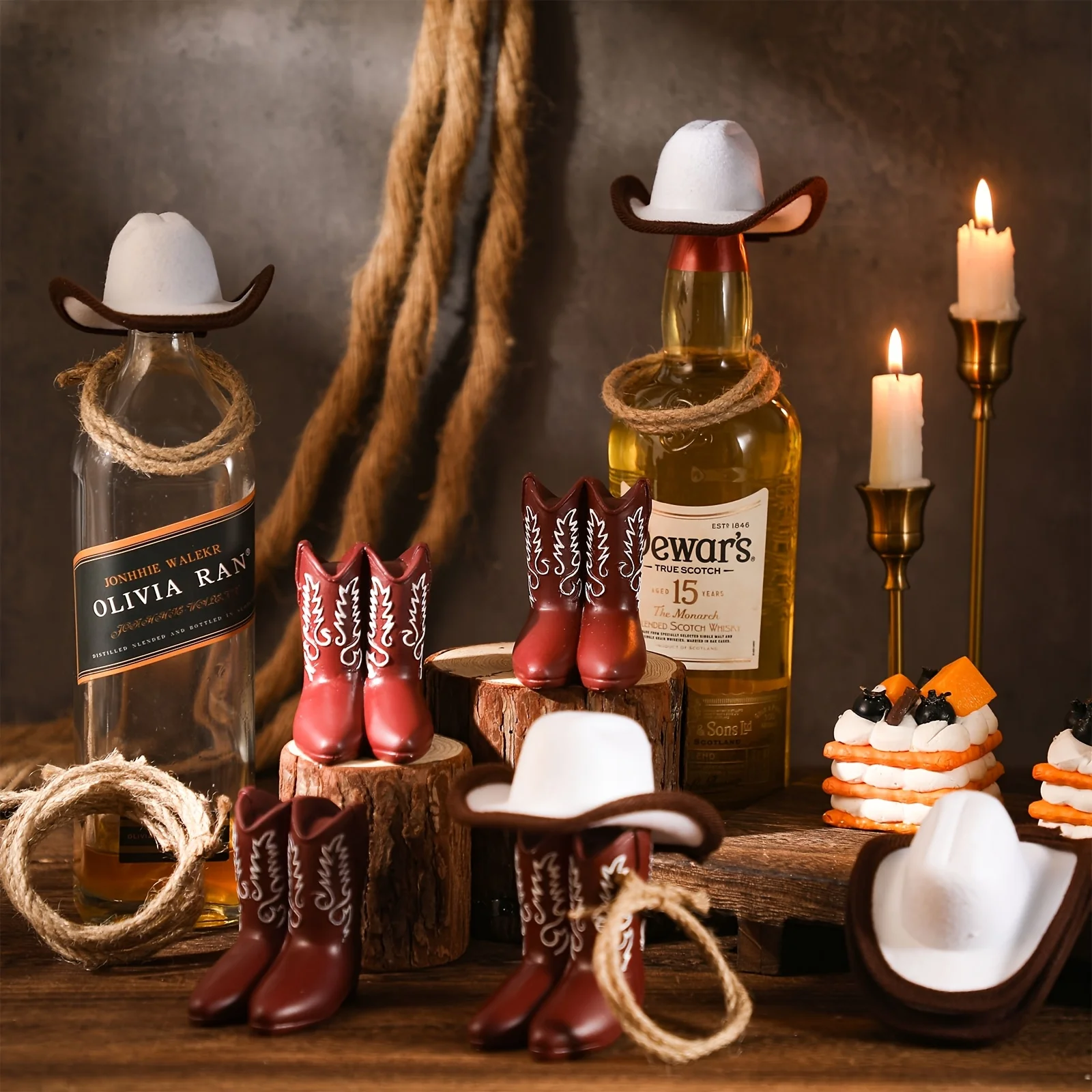 

18pcs Western Party Centerpieces for Table, 6 Mini Cowboy Rodeo Hats 6 Small Cowboy Boot Decorations 6 Twisted Hemp Rope for Western Wedding Birthday Party Vintage Table Centerpieces Decor