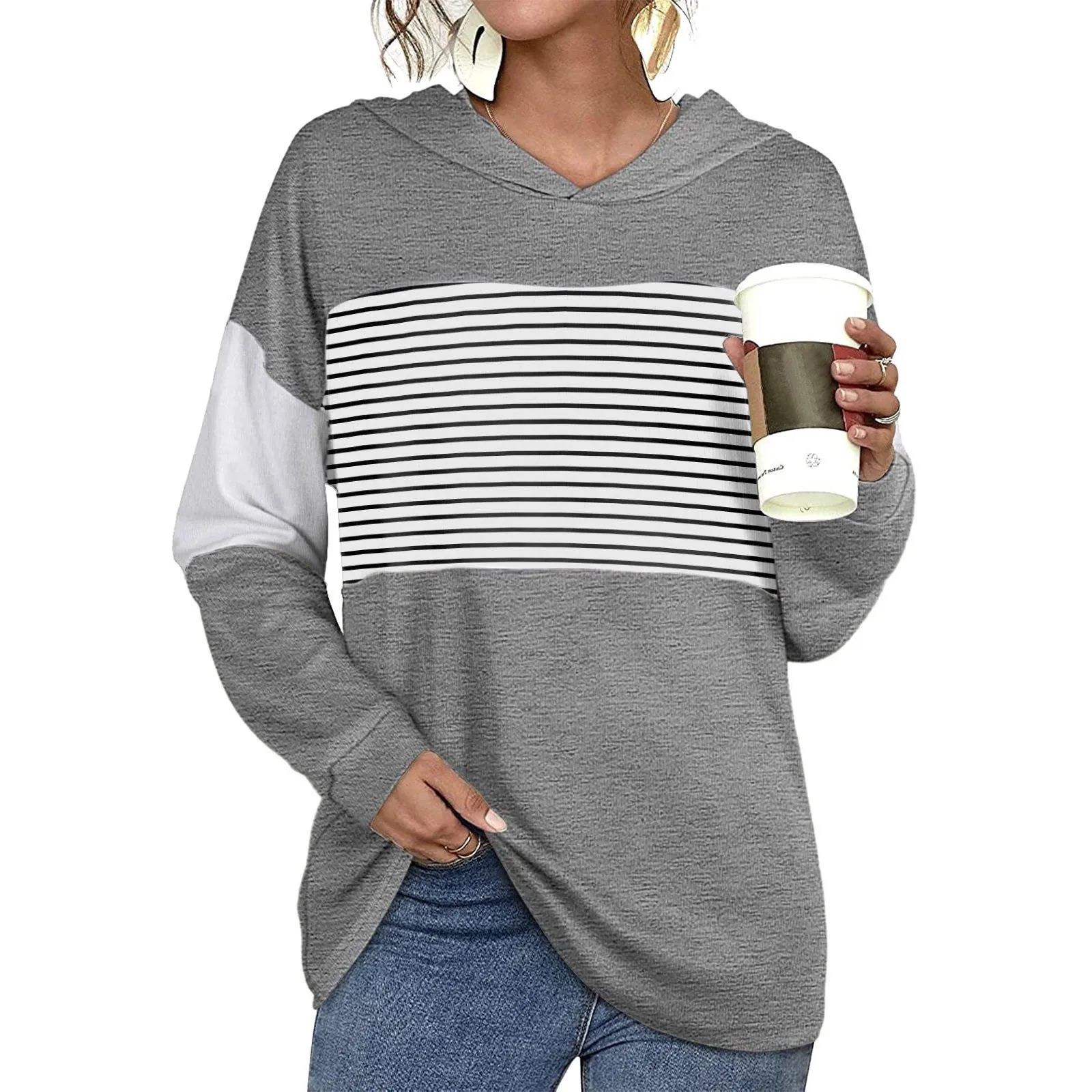 

Loose fit women Clothes blouse tops 90s Women’s Stitching Pullover Casual Print Long-Sleeve Hooded Sweatershirt Blouse