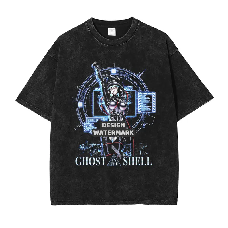 Ghost in The Shell T Shirt Anime Motoko Kusanagi Tank Tops Vintage Washed Tops Tees Manga Short Sleeve Oversized T-shirt Cotton