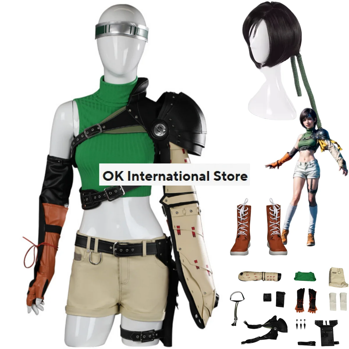 Anime Spiel letzte Fantasie Vii Wiedergeburt Yuffie Kisaragi Cosplay Kostüm Perücke Kampf Uniform Schuhe Requisite Frau sexy Karneval Anzug