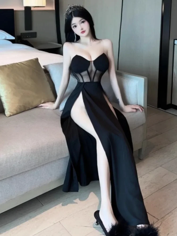 Topenomi Sexy Strapless Black Evening Dress Women Temperament Waist High Split Slim Banquet Club Party Long Dresses Summer Robe