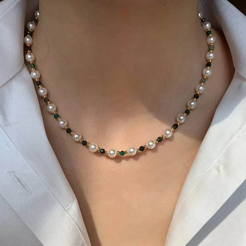 

Pearl Green Stone Bead Necklace Collarbone Chain