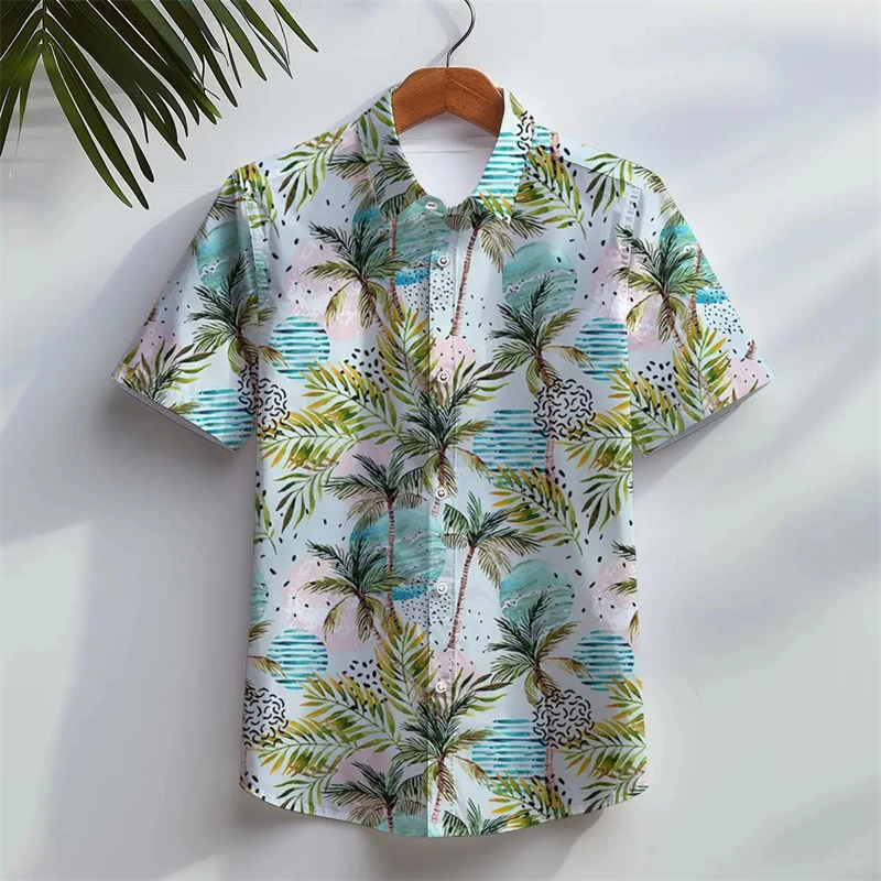 Camisa havaiana masculina com coqueiro, tops de manga curta, blusa casual masculina, roupas de grandes dimensões, praia e férias, verão