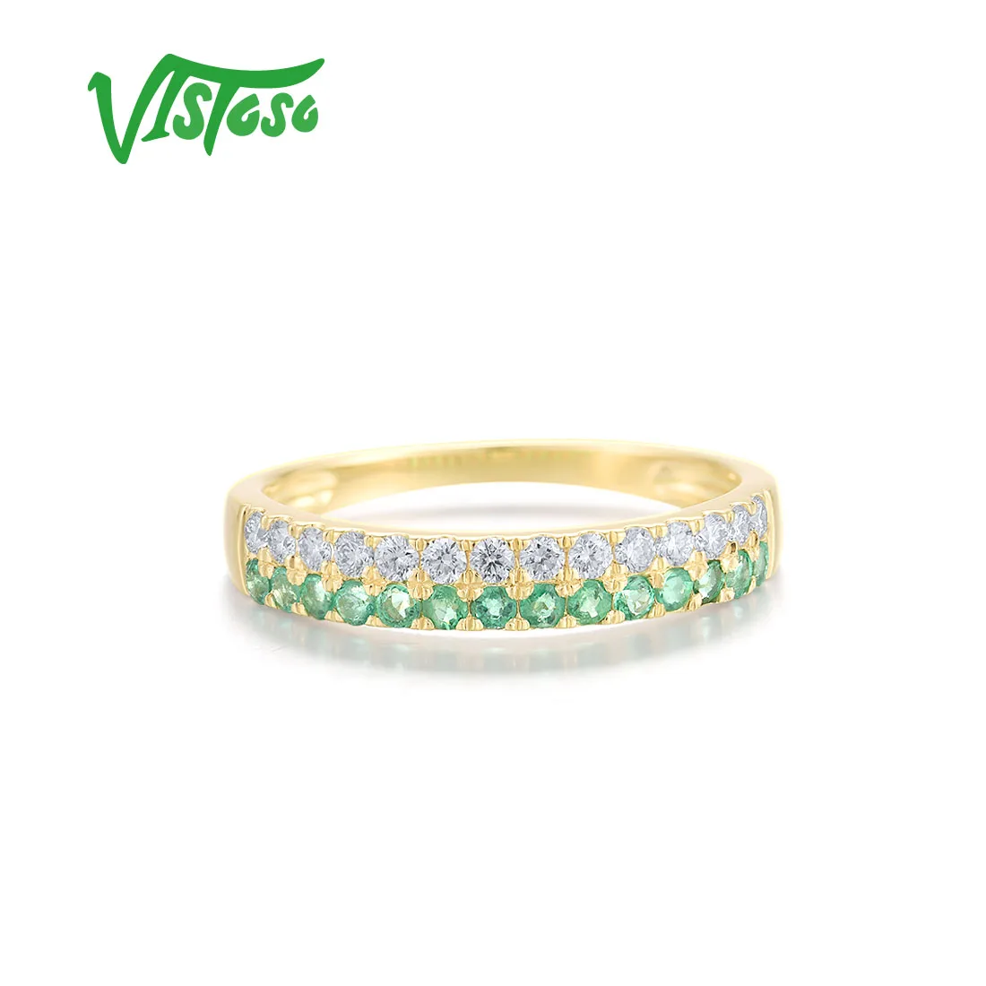 VISTOSO Real 14K 585 Yellow Gold Solitaire Ring For Women Sparkling Diamond Emerald Delicate Wedding Engagement Fine Jewelry