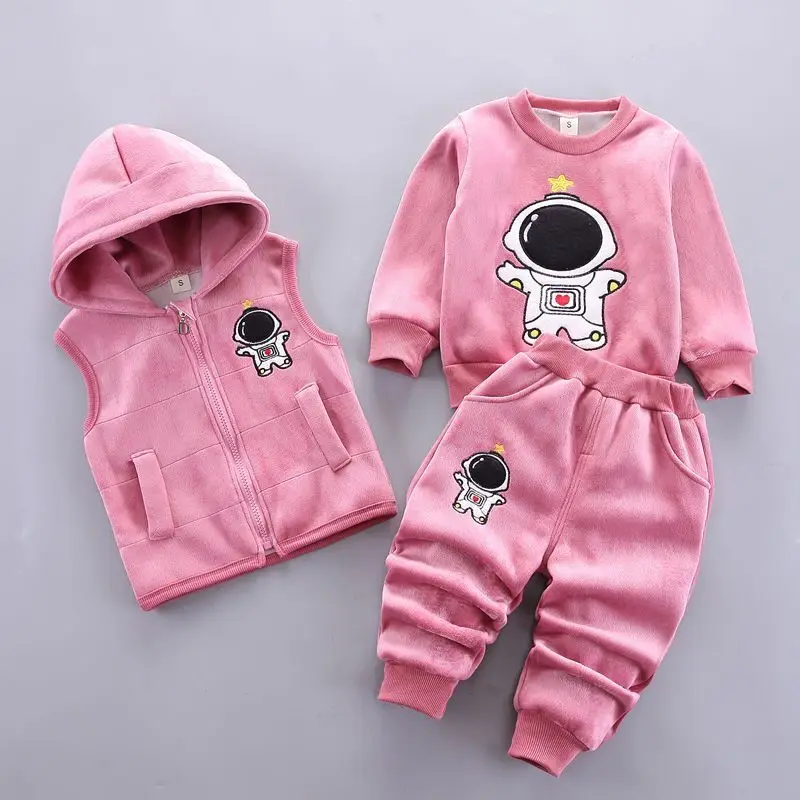 Baby Boys Clothes Sets Autumn Winter Thick Fleece Astronaut Hooded Vest Coat Pants 3Pcs for Kids Casual Outfits Girls Warm Suit