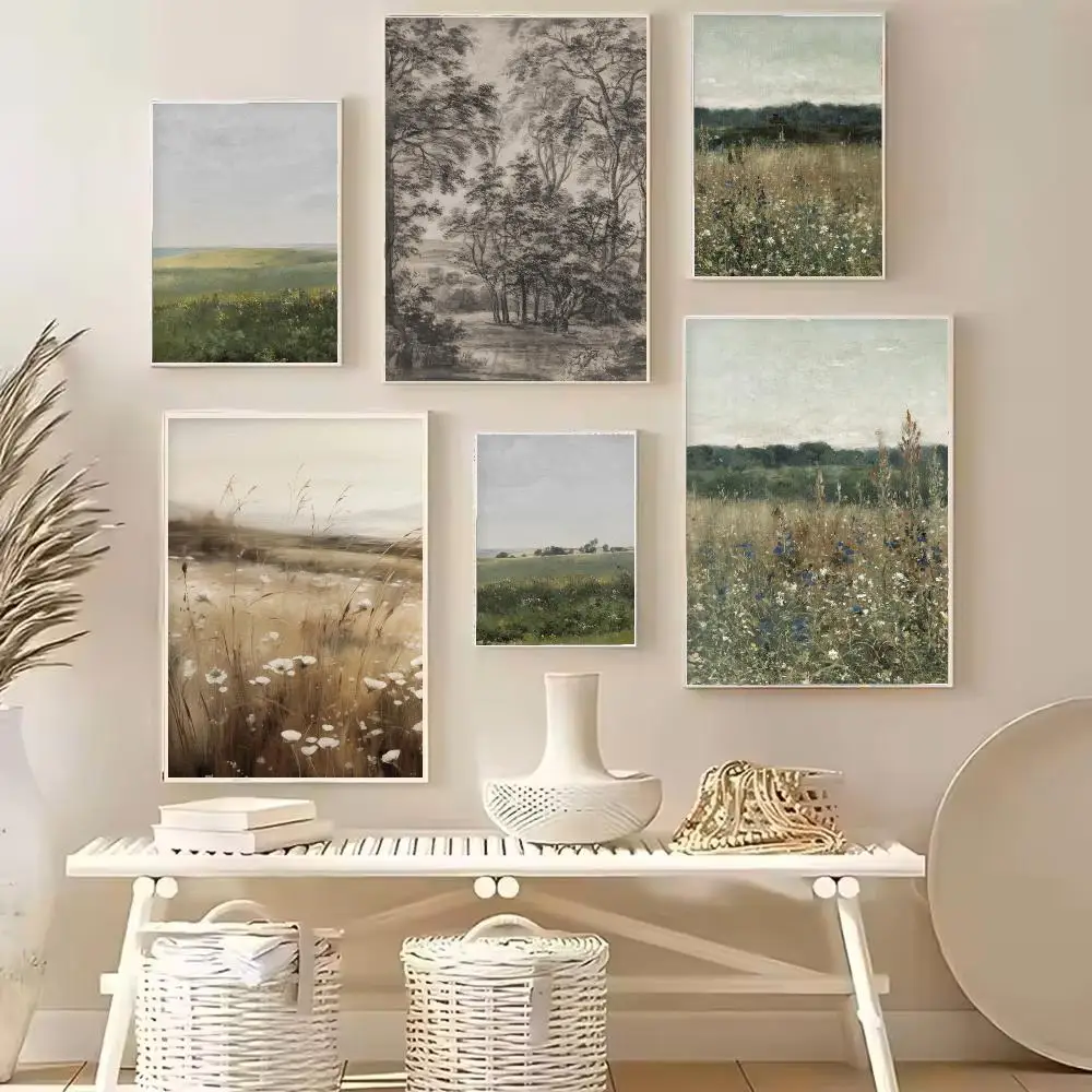 Wildflower Field Poster Landscape Sketch Neutral Forest Canvas Painting for Living Room Home Farmhouse Decoration Cuadros