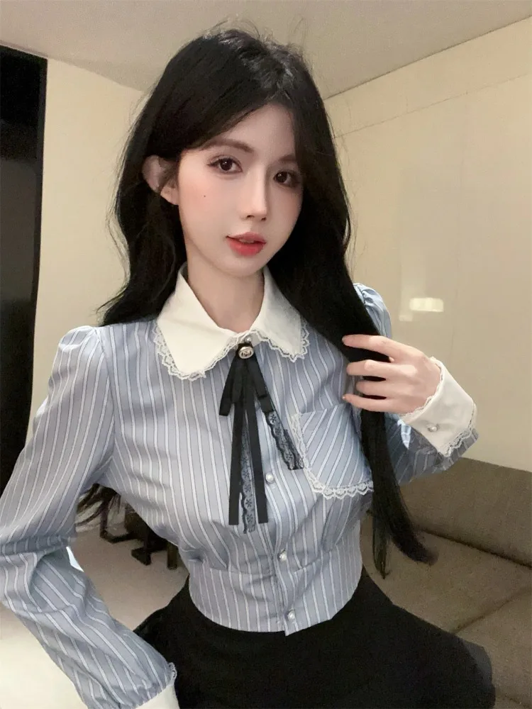 

Slim Fit Striped Long Sleeve Shirt And Half Skirt JK Uniform Set Women's Youthful Sweet Color Block Style Commute Korean Version