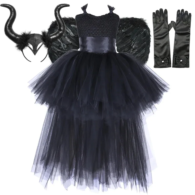 Sky03 Темная ведьма, костюмы на Хэллоуин для девочек, черный дьявол, ангел, нарядное платье со шлейфом и перьями, рога летучей мыши, дети High55Hu%