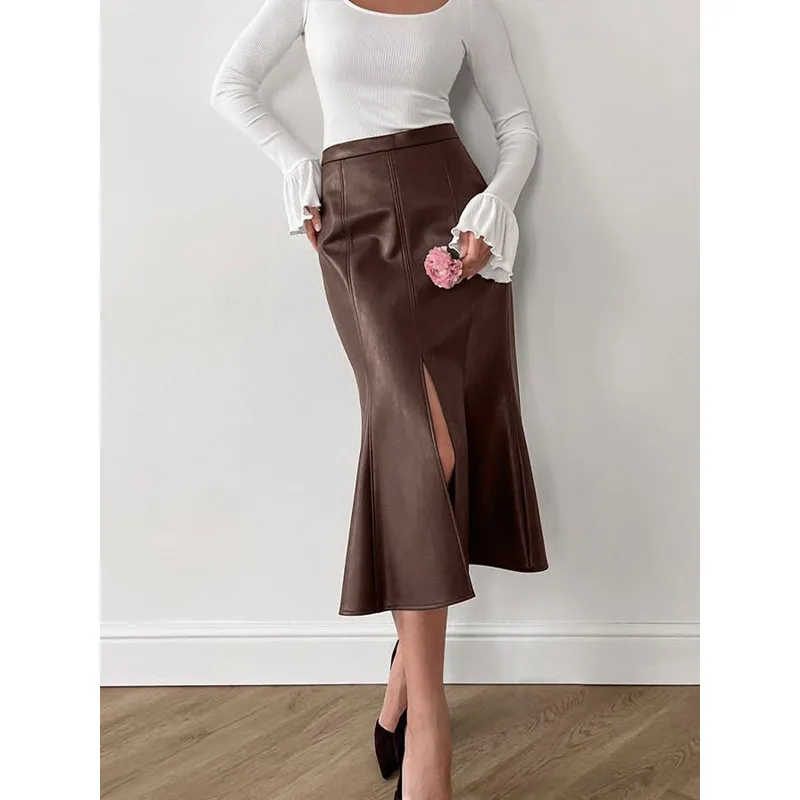 BKQU Vintage Leather Split Long Skirt Women Solid High-waisted Slim Bodycon Mermaid Skirt Elegant Fashion Party Evening Skirts