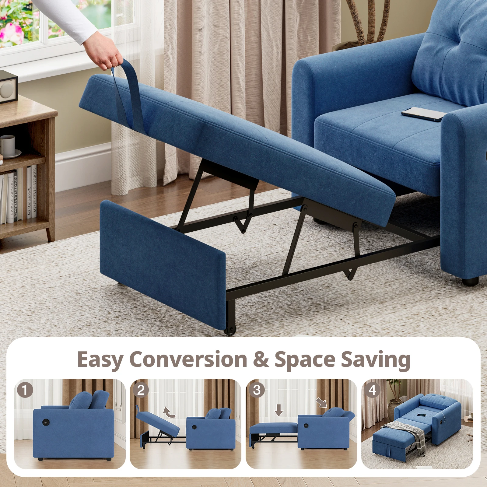 أريكة سرير، سرير أريكة فردي قابل للتحويل 3 في 1 مع منافذ USB وType-C، كرسي نوم فردي من الكتان مع جيب #6