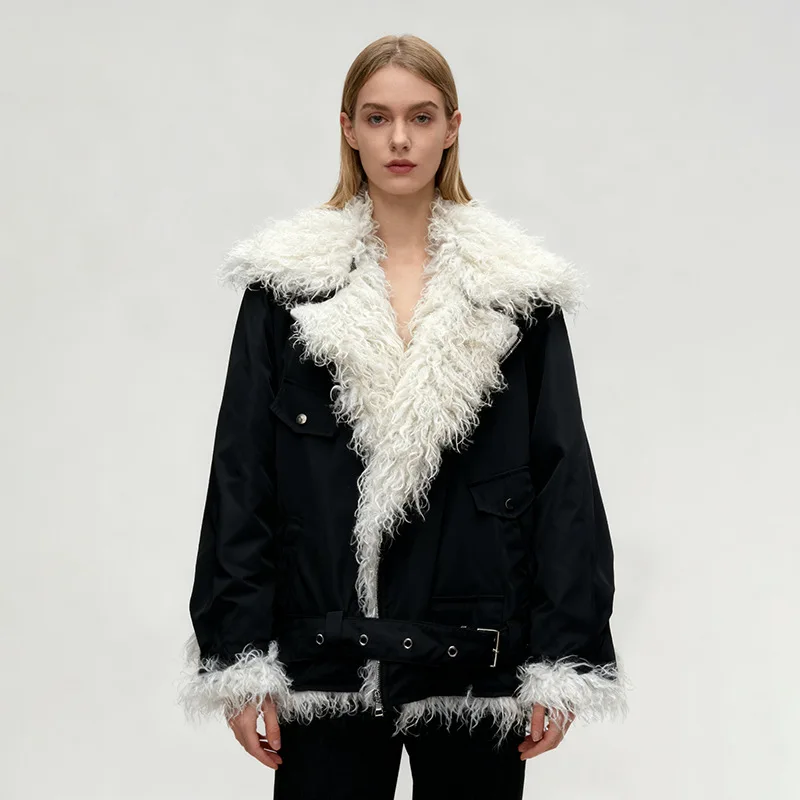 

Women's Plush Lapel Coat Autumn Fashion Casual Elegant Lazy Style New Clothing Contrast Color