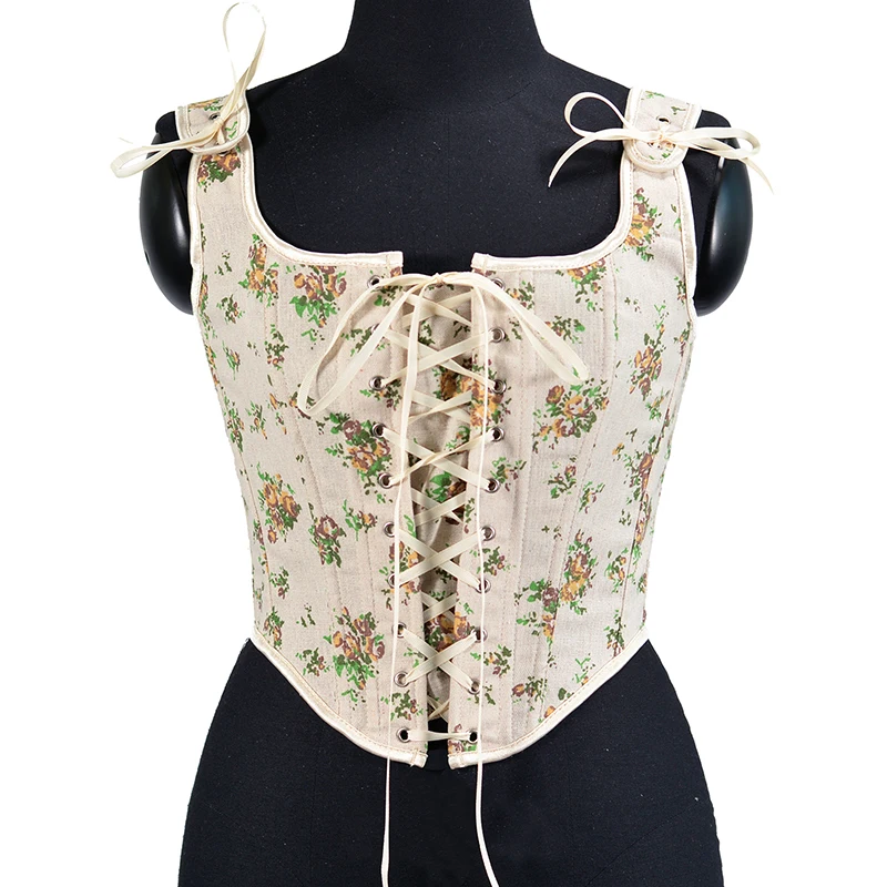 Women Straps Overbust Bustier Vest French Style Yellow Rose Print Lace Up Corset Top Crop