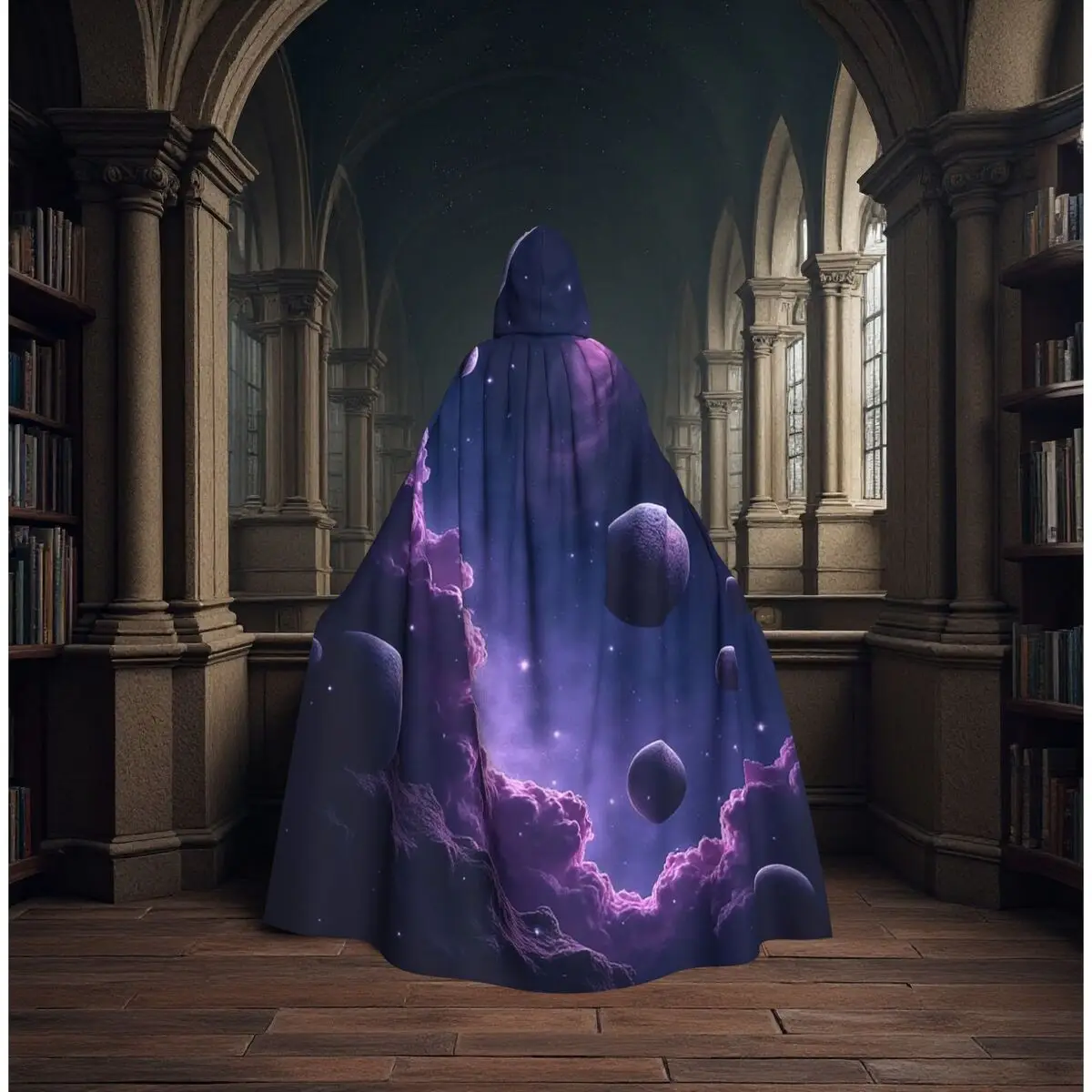 

Purple Space For Galaxy Design With Planets And Stars Long Hooded Cloak Witch Medieval Costume Cosplay Cape HalloweenVampire