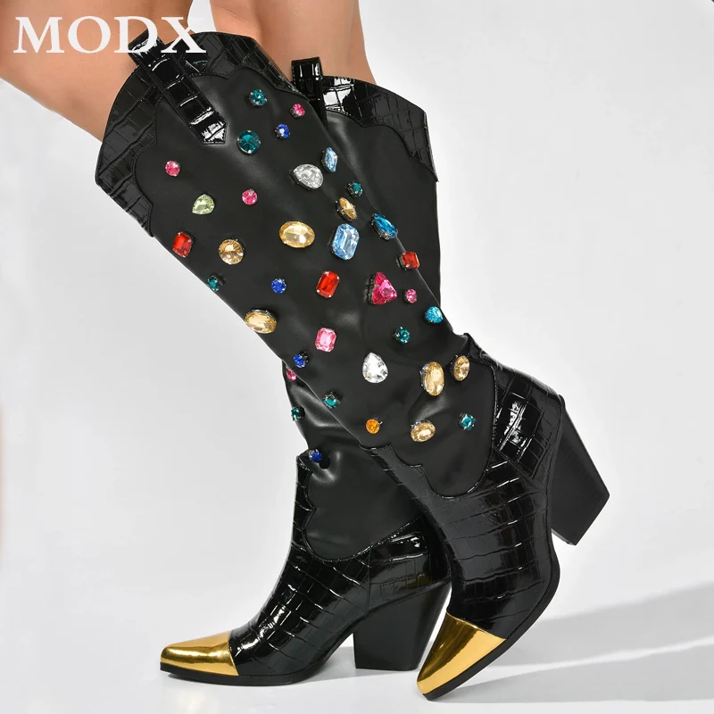 Winter Dikke Hak Puntige Teen Cowboy Western Laarzen Vrouwen Gemengde Kleur Strass Mode Slip-On Catwalk Kniehoge Laarzen Vrouw