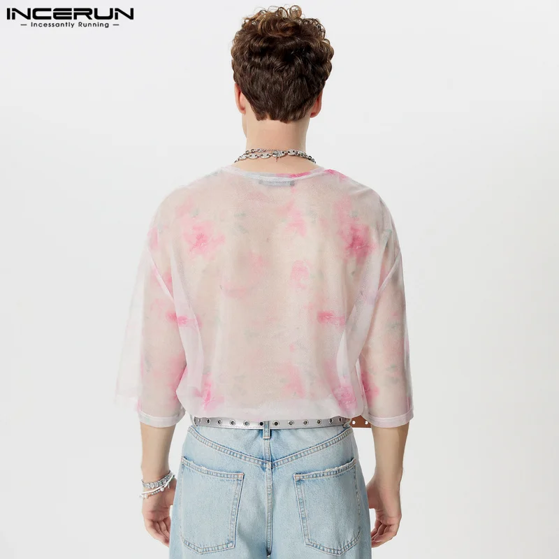 INCERUN Men T Shirt Tie Dye Mesh Transparent O-neck Half Sleeve Sexy Men Clothing Streetwear 2024 Summer Fashion Male Tee Tops