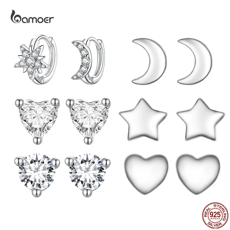 Bamoer 925 Sterling Silver Mini Heart Star Moon Stud Earrings for Women Shiny Zircon Ear Studs Fashion All-match Jewelry Gifts