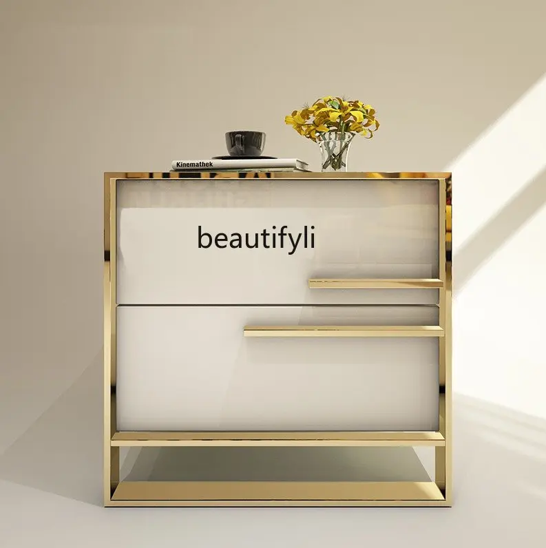 Light Luxury Gold-Plated Bedside Table Black and White Paint Storage Cabinet Simple Bedroom Personality Side Cabinet