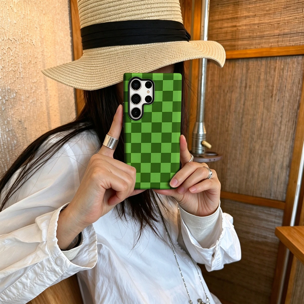 Green Tonal Checkerboard Hard Shock-Absorption Phone Case For Samsung Galaxy S26 S25 Ultra S24 S23 Plus 2-in-1 Protective Cover
