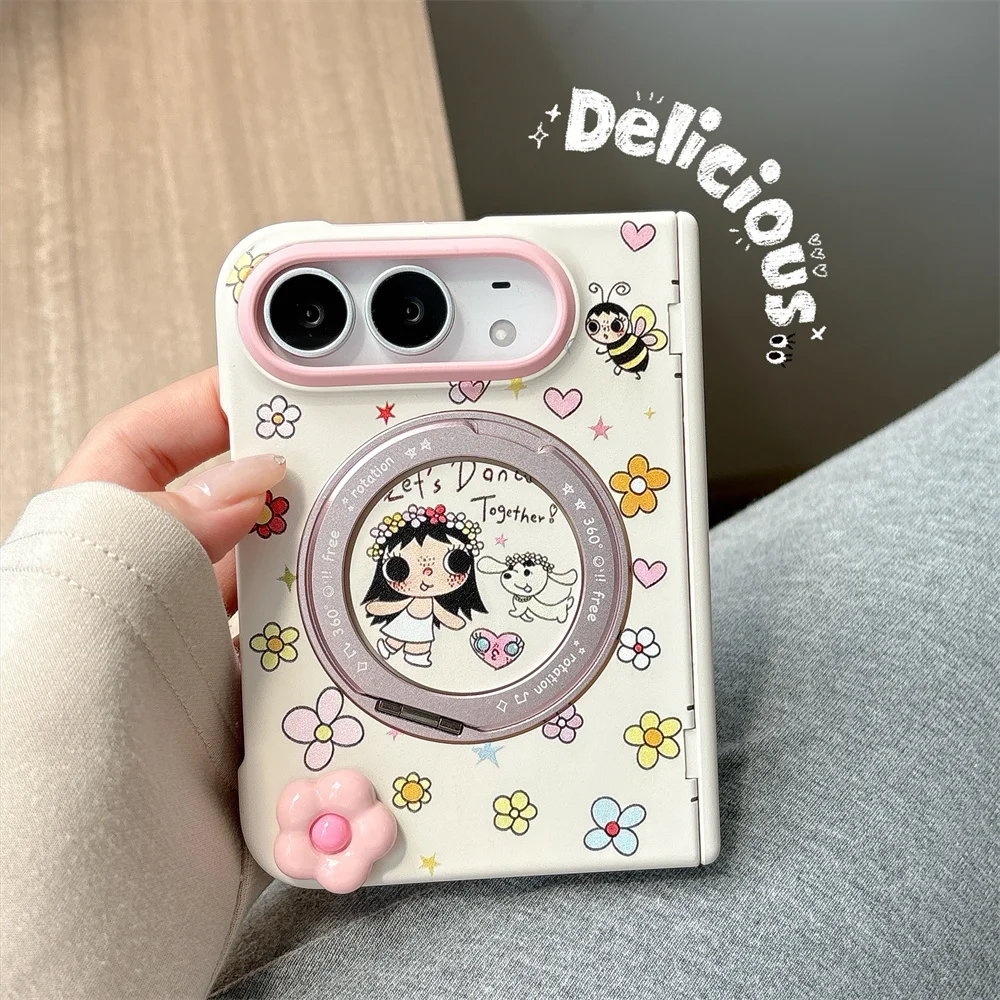 Korea Cute Cartoon Girl Bee Flower Magnetic Rotating Bracket Phone Case For iPhone Duo Kawaii 3D Flower Hard Protective Cover